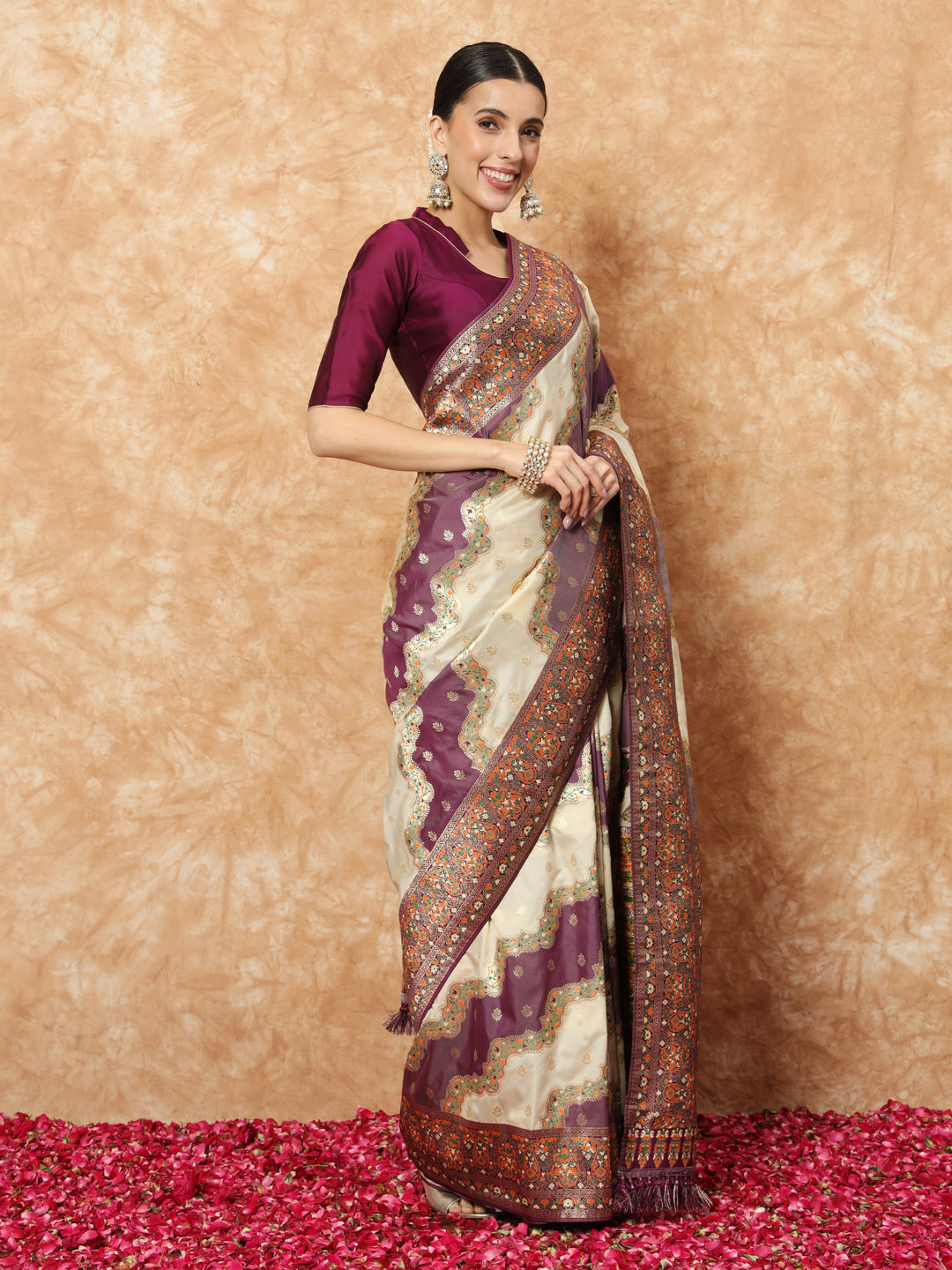 Banarasi Silk Saree with Multicolor Resham Meenakari Leheriya Patterns