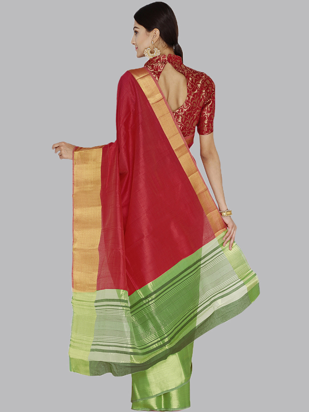 Colorblocked Banarasi Silk Saree with Broad Gold Zari Border