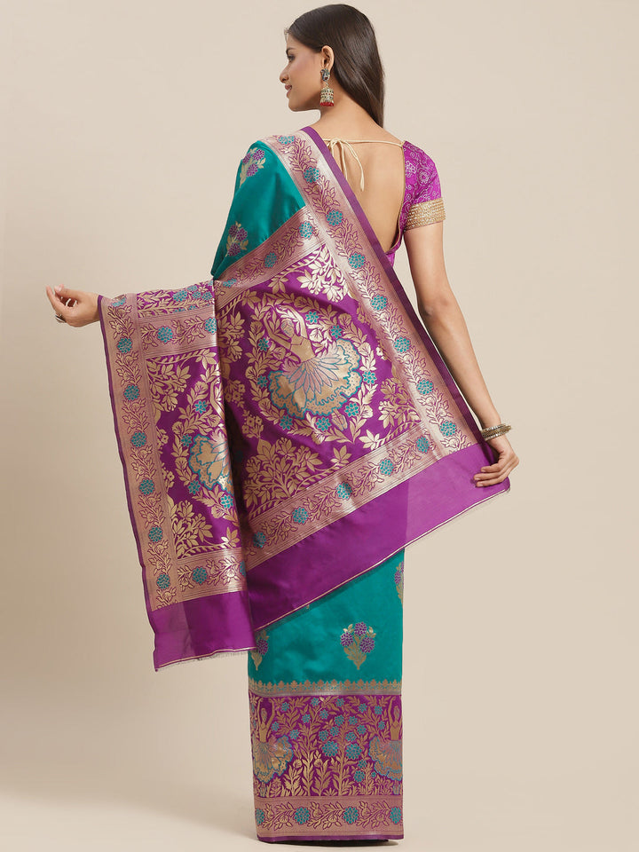 Teal Resham & Gold  Zari Woven Silk Saree With Floral & Ethnic Motifs