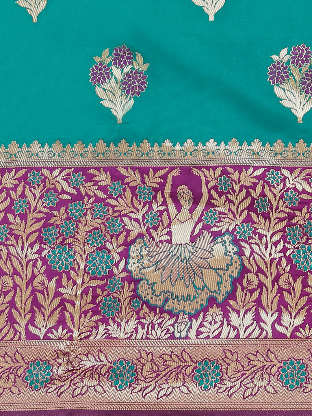 Teal Resham & Gold  Zari Woven Silk Saree With Floral & Ethnic Motifs