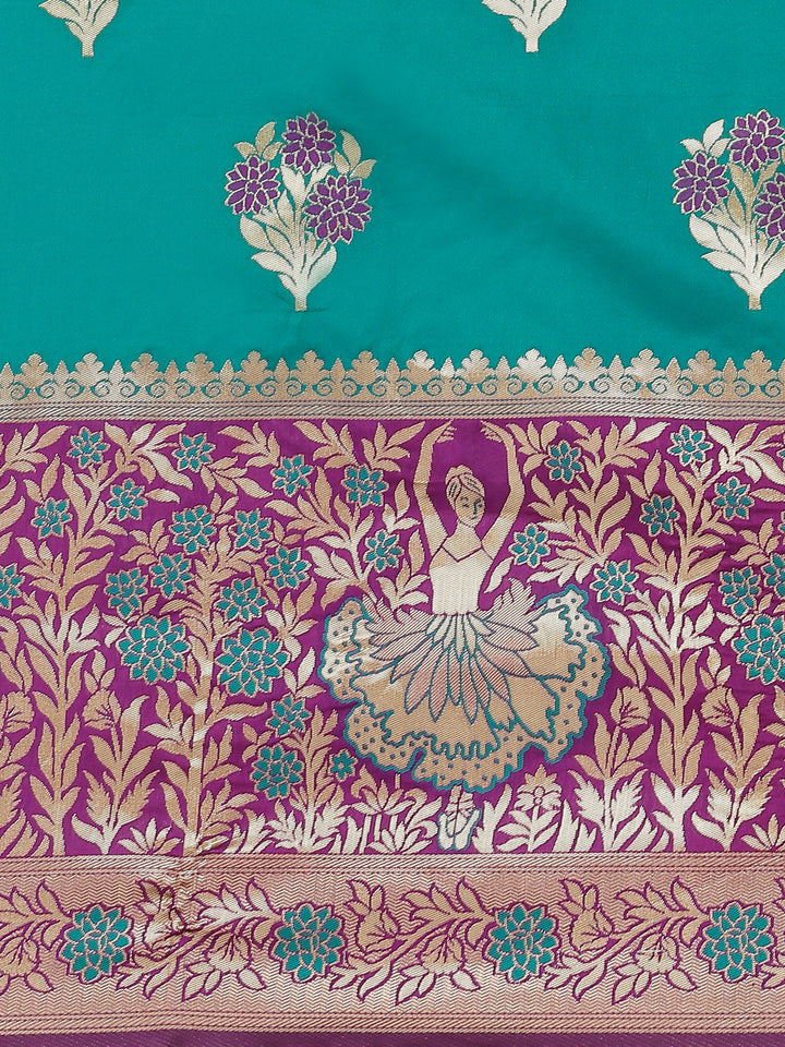 Teal Resham & Gold  Zari Woven Silk Saree With Floral & Ethnic Motifs