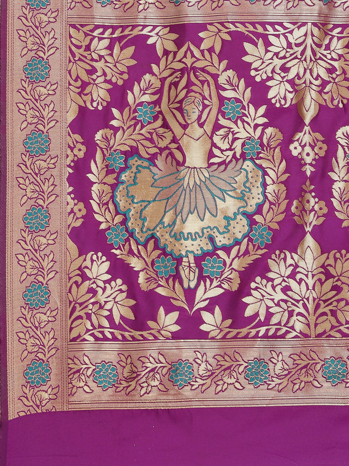 Teal Resham & Gold  Zari Woven Silk Saree With Floral & Ethnic Motifs