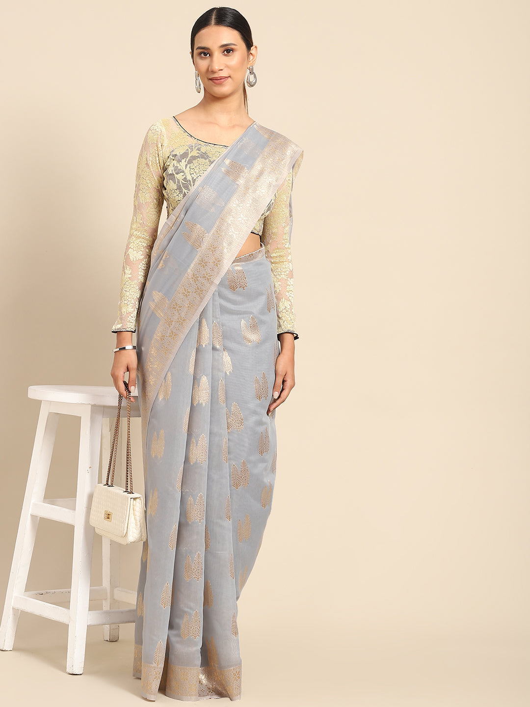 Grey Chanderi Cotton Gold Traditional Woven Saree with Ambi Motifs