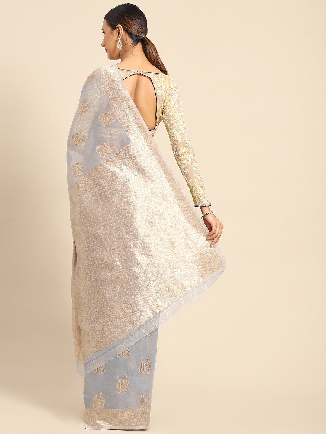 Grey Chanderi Cotton Gold Traditional Woven Saree with Ambi Motifs