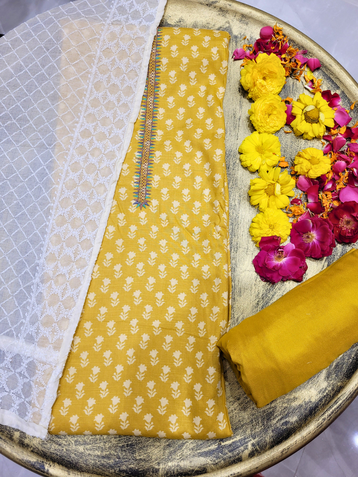 Chhabra 555 Floral Print Unstitched Cotton Suit with Chikankari Embroidery Dupatta & Multicolor Lace