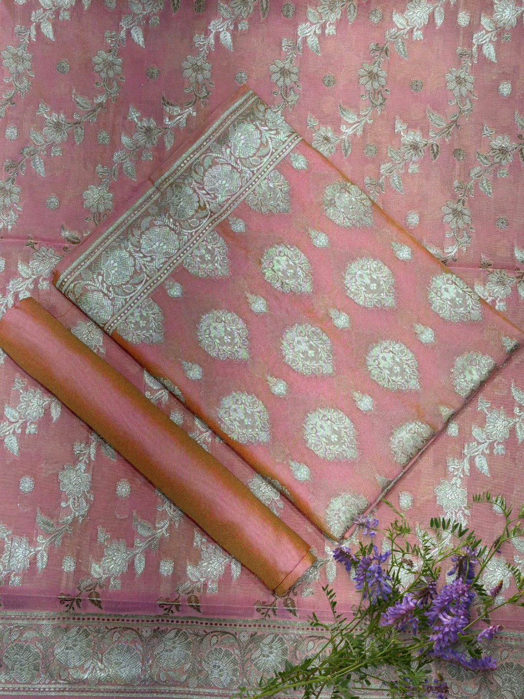 Resham Woven Banarasi Silk Salwar Suit Material with Floral Leheriya Pattern