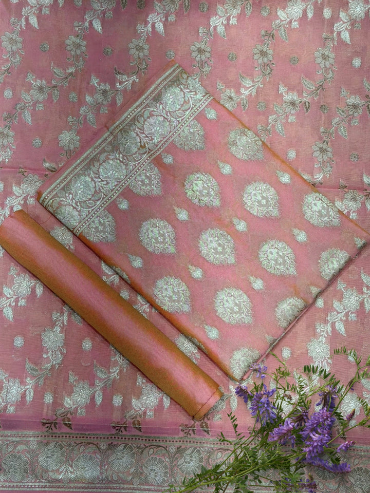 Resham Woven Banarasi Silk Salwar Suit Material with Floral Leheriya Pattern