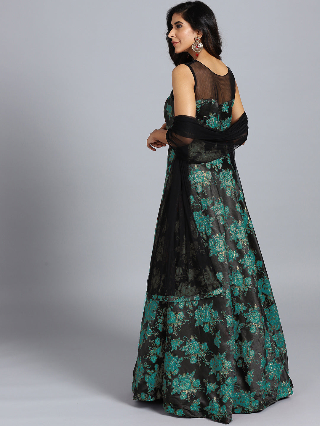 Black Teal Made to Measure Jacquard Gown with Silk Beads Embroidery and Net Dupatta