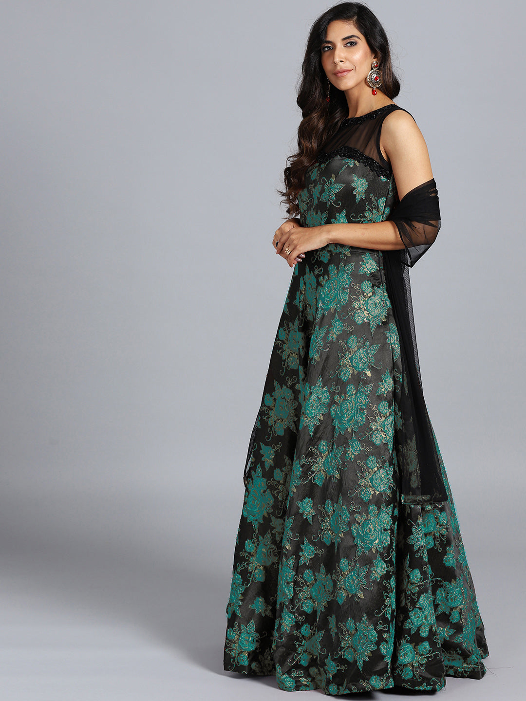 Black Teal Made to Measure Jacquard Gown with Silk Beads Embroidery and Net Dupatta