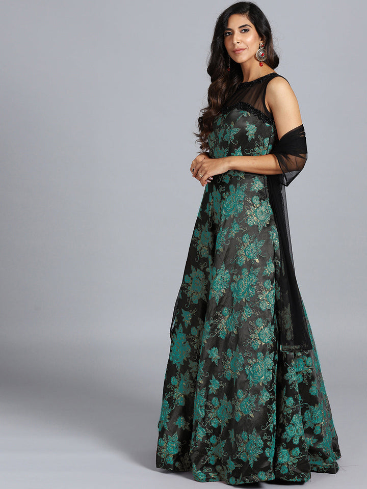 Black Teal Made to Measure Jacquard Gown with Silk Beads Embroidery and Net Dupatta