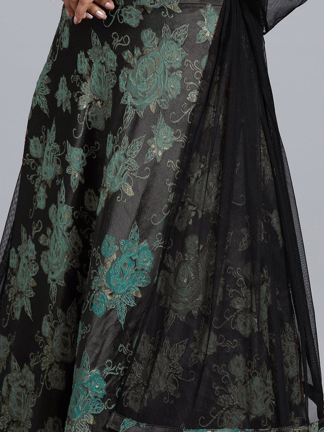 Black Teal Made to Measure Jacquard Gown with Silk Beads Embroidery and Net Dupatta
