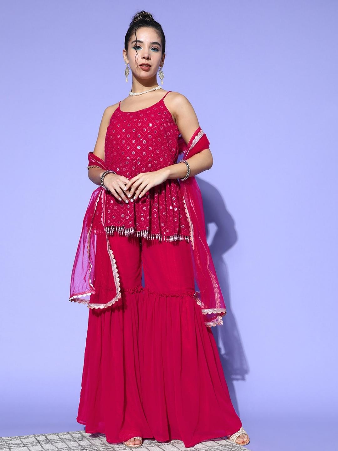 Magenta Sequin Embroidered Peplum Kurta Sharara Set