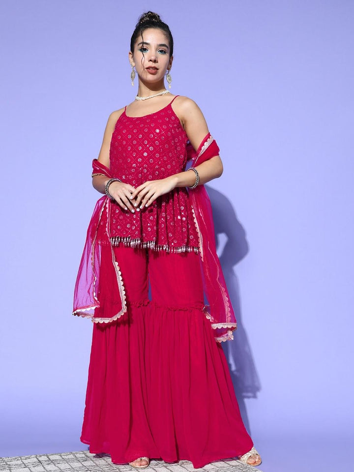 Magenta Sequin Embroidered Peplum Kurta Sharara Set