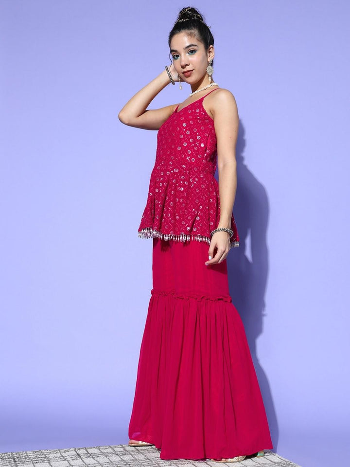 Magenta Sequin Embroidered Peplum Kurta Sharara Set