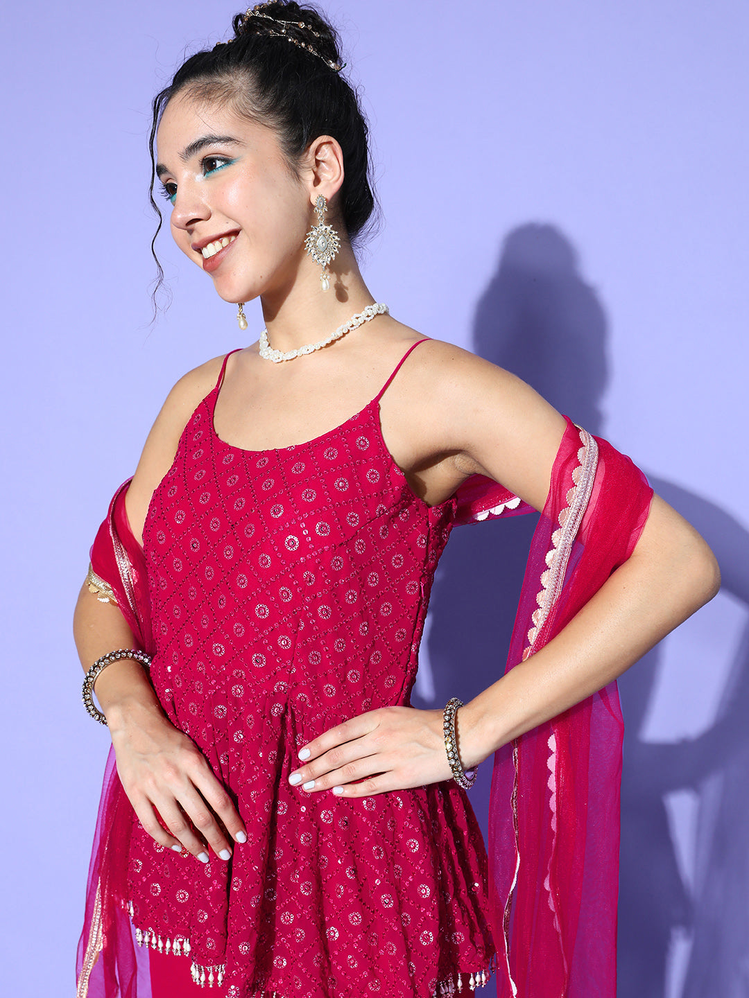 Magenta Sequin Embroidered Peplum Kurta Sharara Set