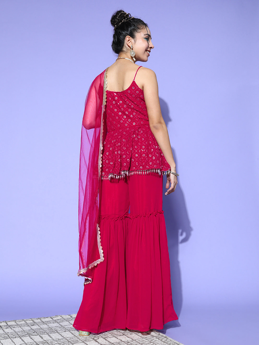 Magenta Sequin Embroidered Peplum Kurta Sharara Set