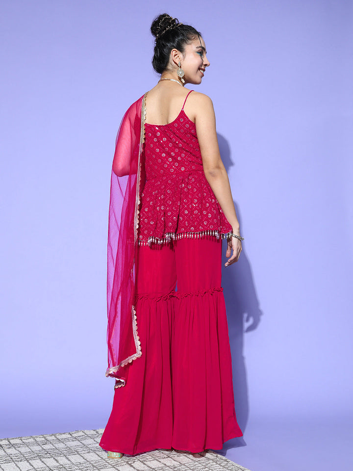 Magenta Sequin Embroidered Peplum Kurta Sharara Set