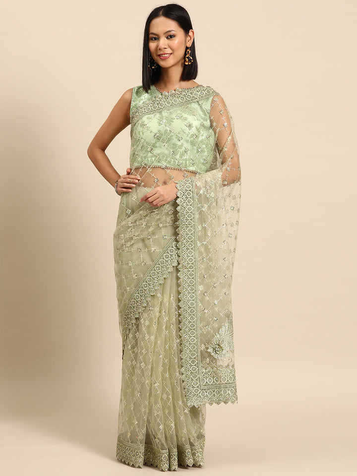 Olive Green Sequences Embellished Net Saree With Cutwork Border