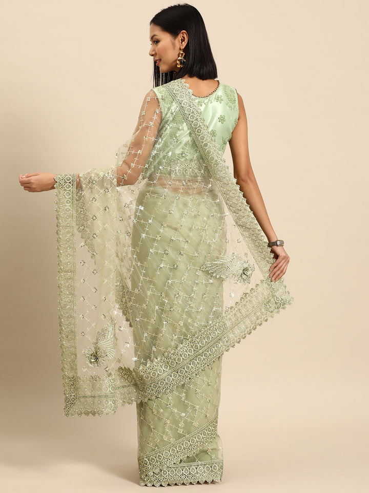 Olive Green Sequences Embellished Net Saree With Cutwork Border