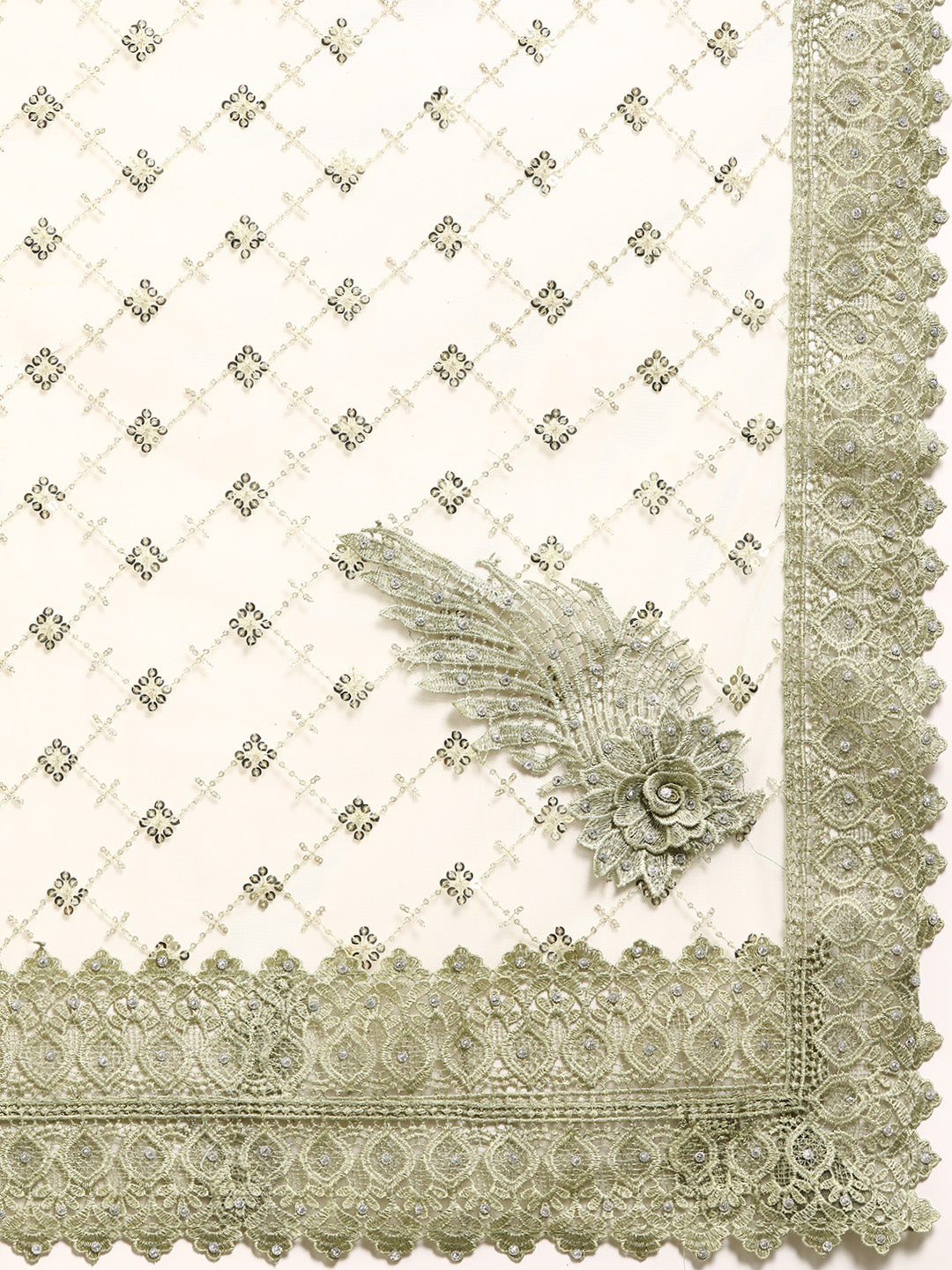 Olive Green Sequences Embellished Net Saree With Cutwork Border