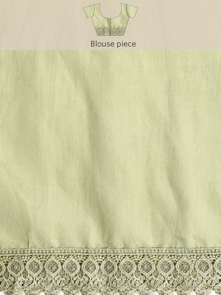 Olive Green Sequences Embellished Net Saree With Cutwork Border