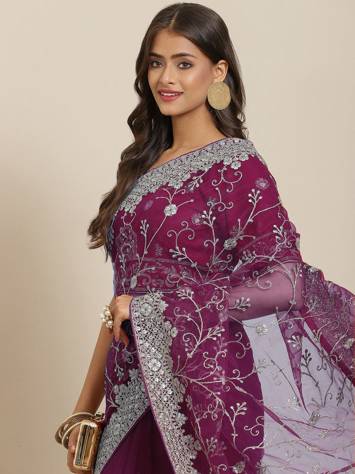 Purple Heavy Zari Embroidered Party Wear Net Saree