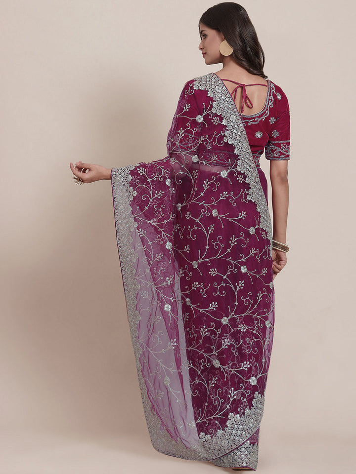 Purple Heavy Zari Embroidered Party Wear Net Saree