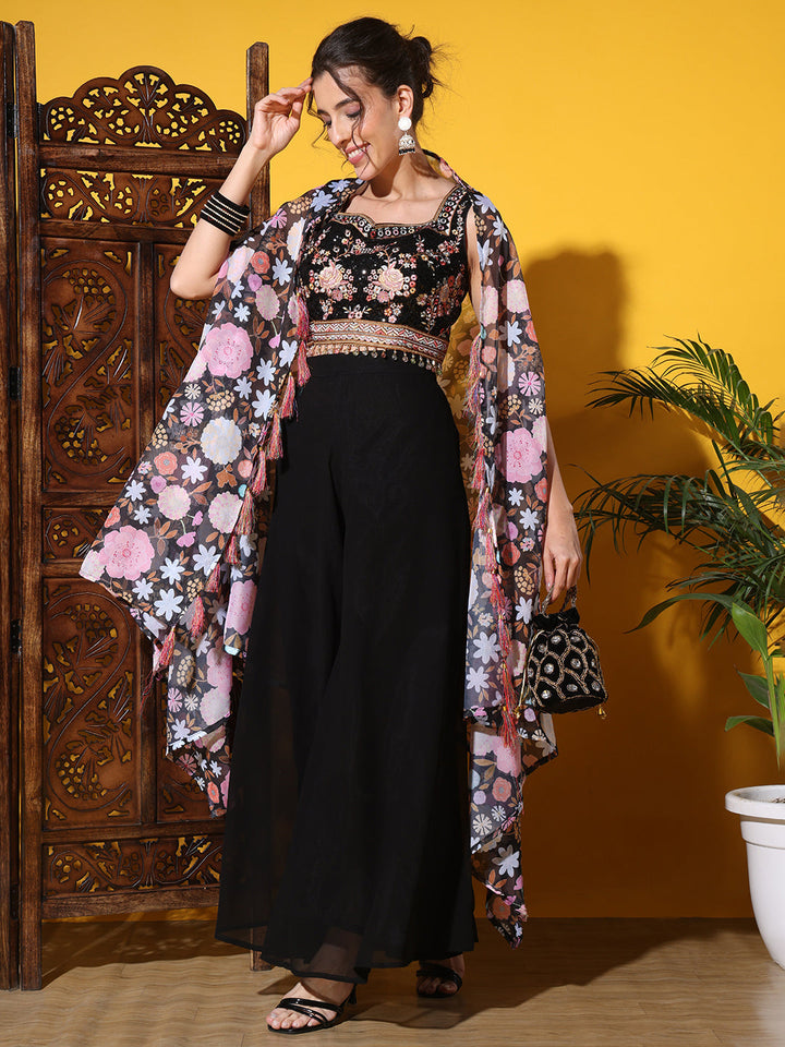 Indo-western Co-ord set with Sequin Embroidery Tasseled Blouse & DIgital Print Jacket