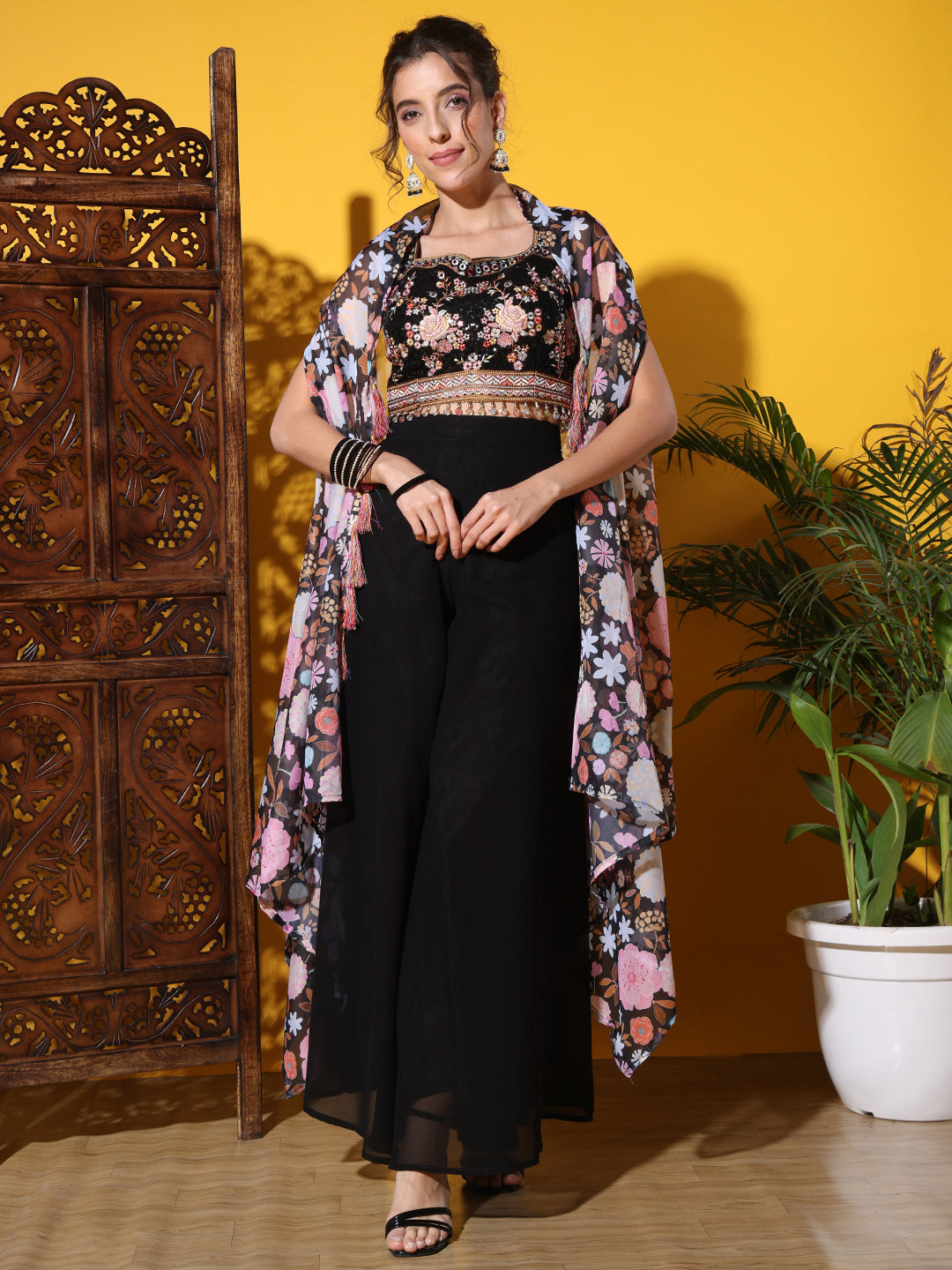 Indo-western Co-ord set with Sequin Embroidery Tasseled Blouse & DIgital Print Jacket