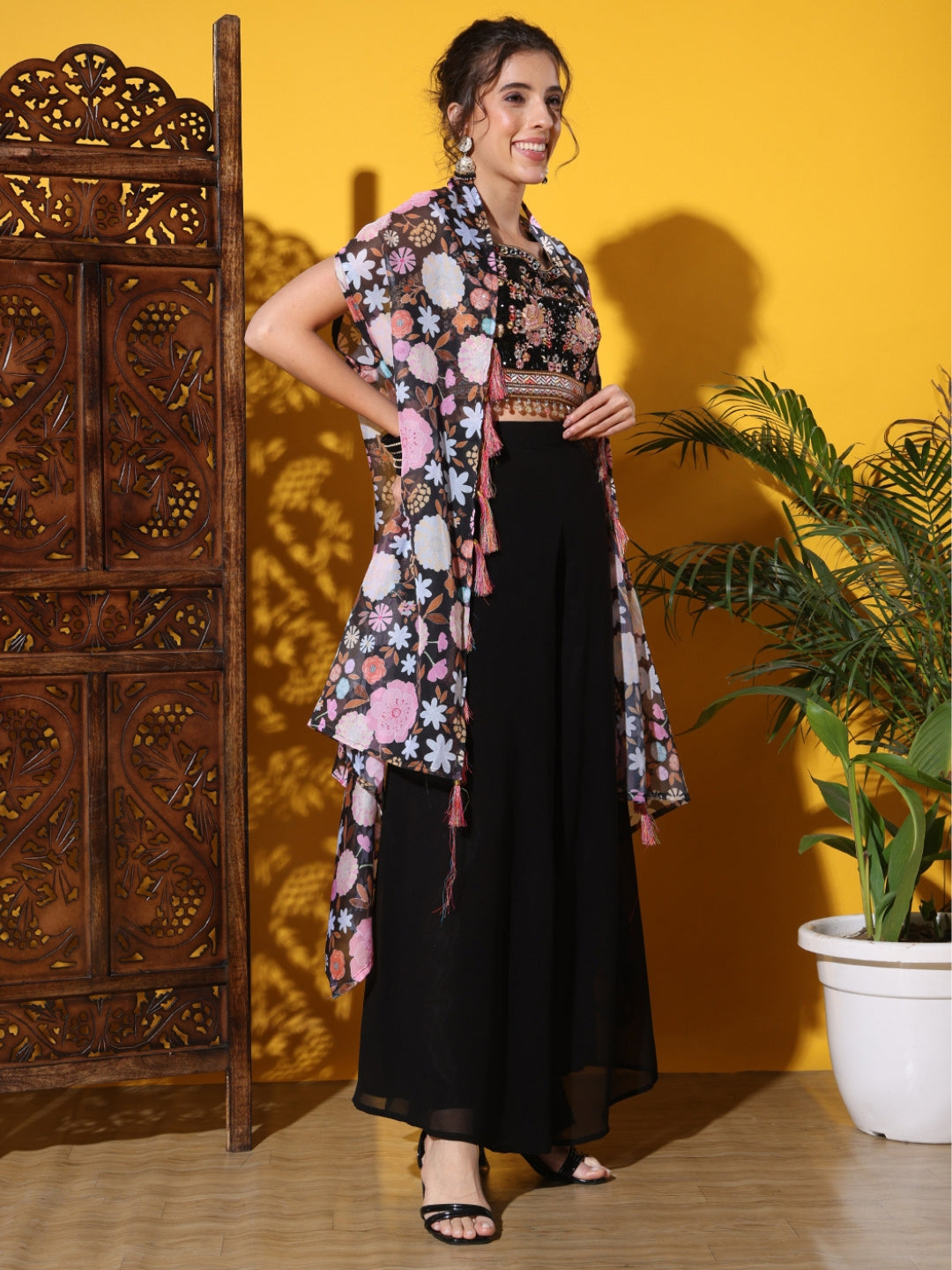 Indo-western Co-ord set with Sequin Embroidery Tasseled Blouse & DIgital Print Jacket