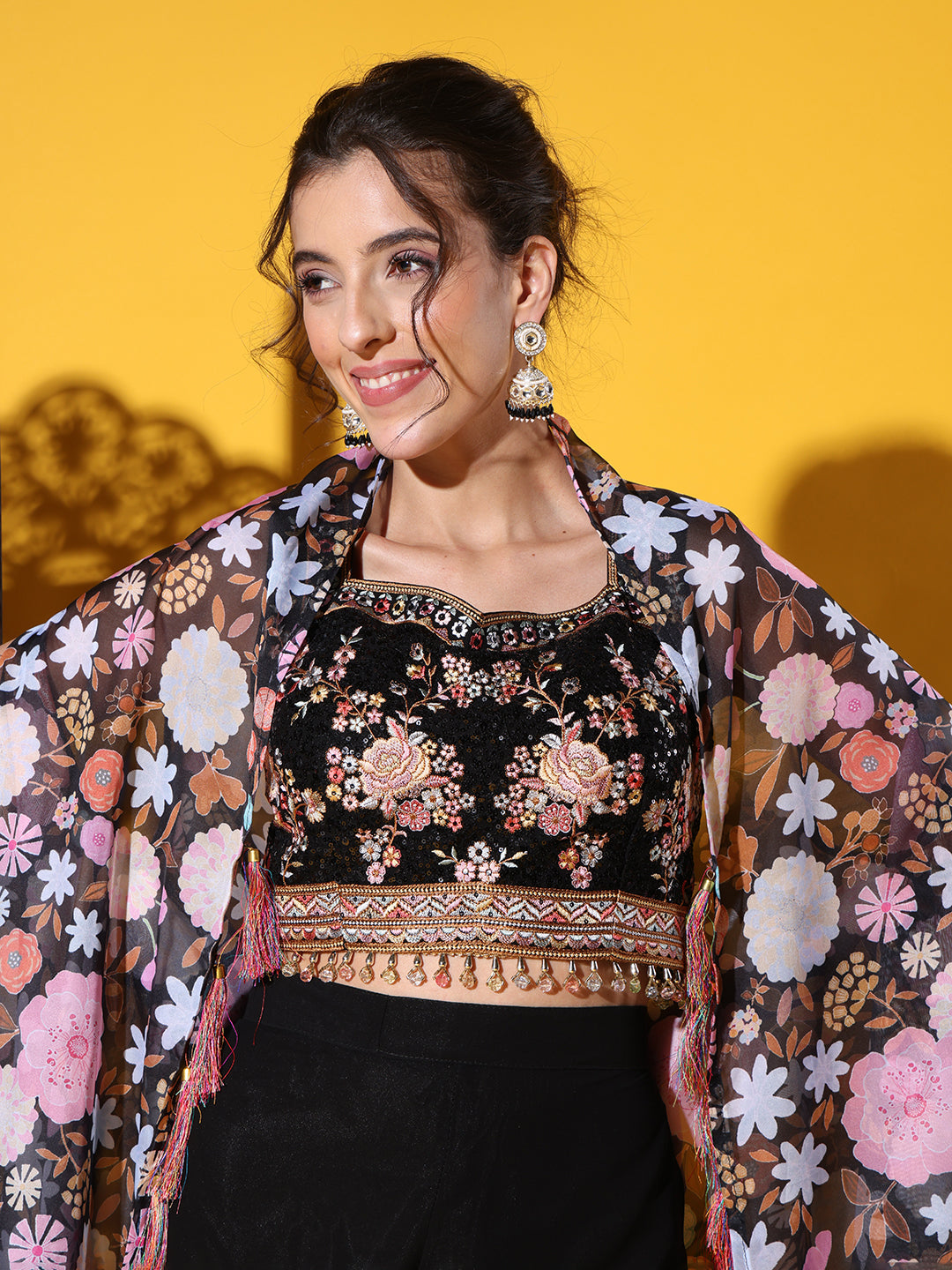 Indo-western Co-ord set with Sequin Embroidery Tasseled Blouse & DIgital Print Jacket