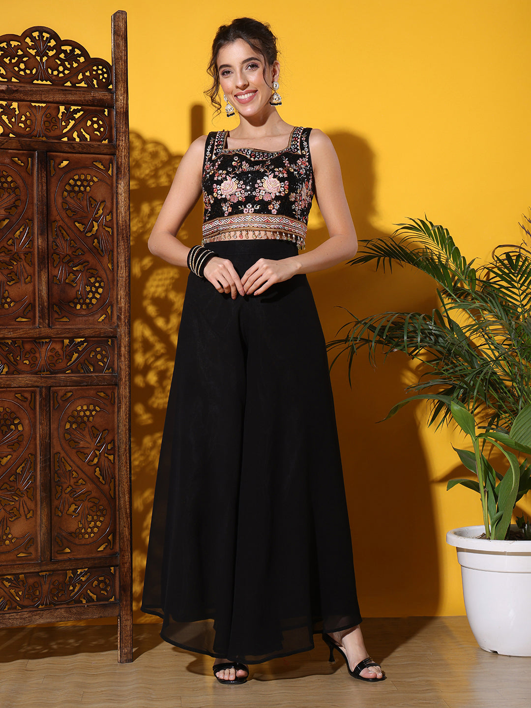 Indo-western Co-ord set with Sequin Embroidery Tasseled Blouse & DIgital Print Jacket