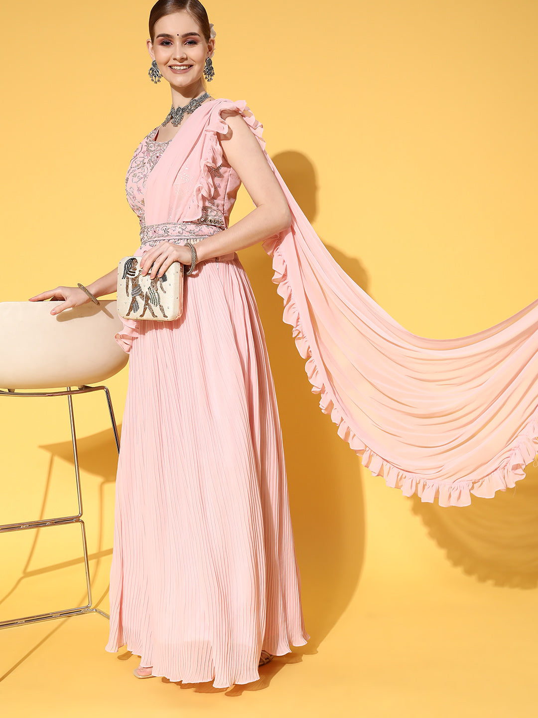 Pink Embellished Pleated belted Lehanga With Attached Dupatta