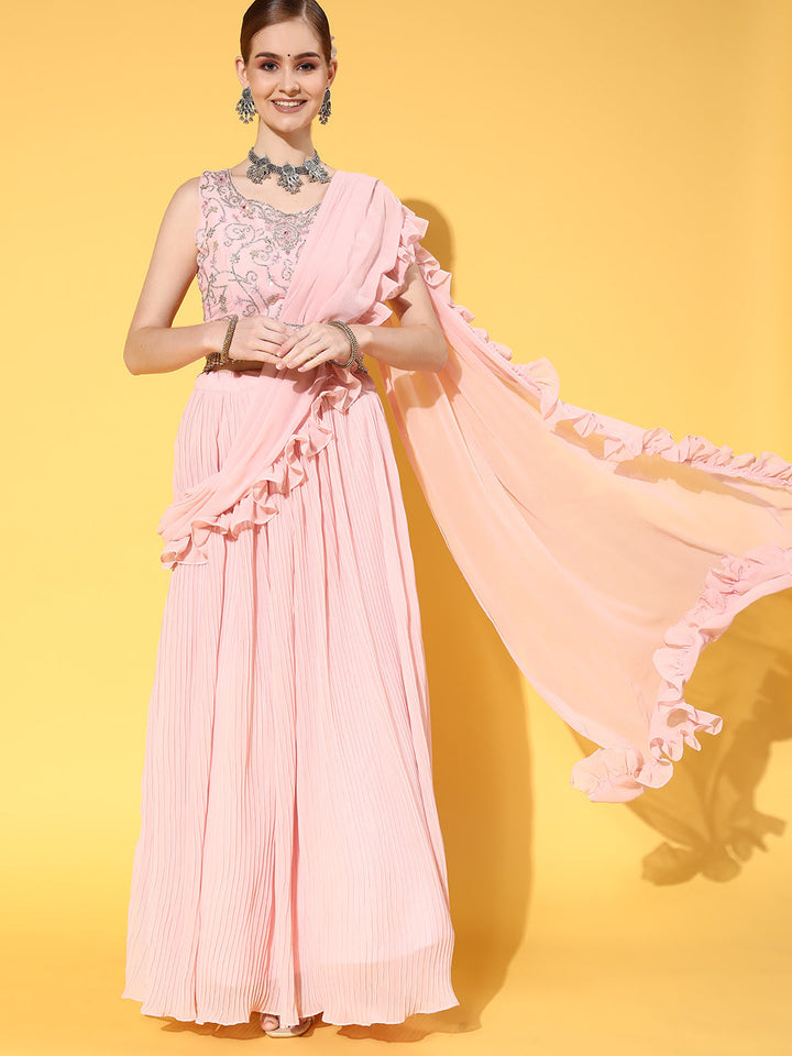 Pink Embellished Pleated belted Lehanga With Attached Dupatta