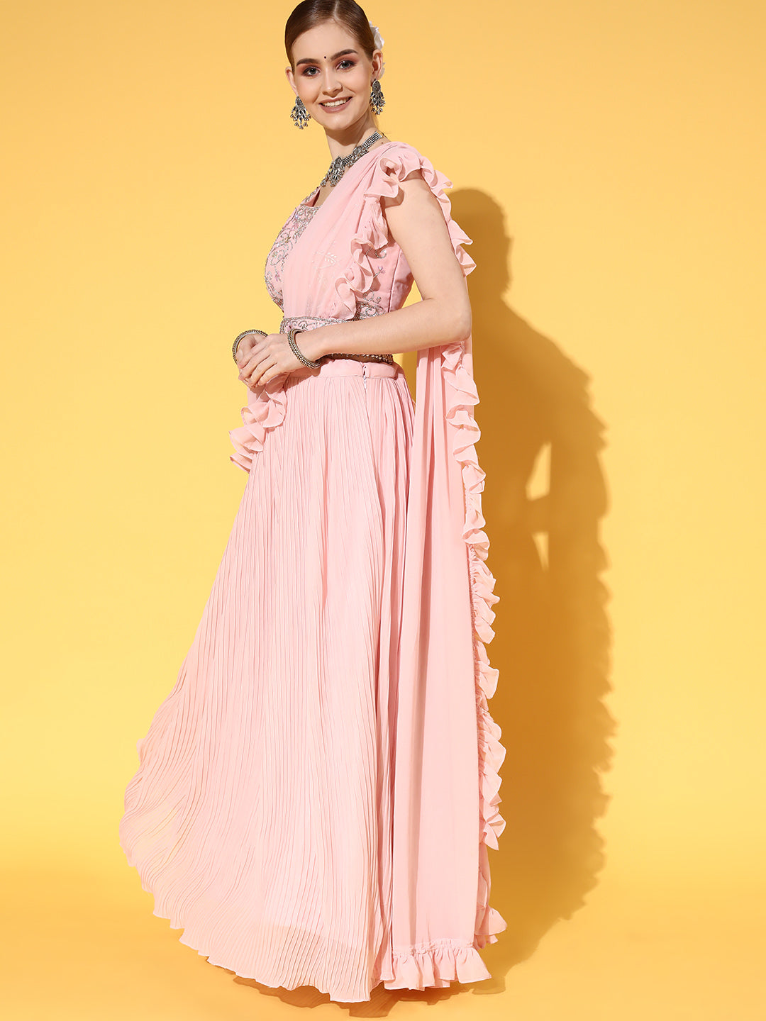 Pink Embellished Pleated belted Lehanga With Attached Dupatta