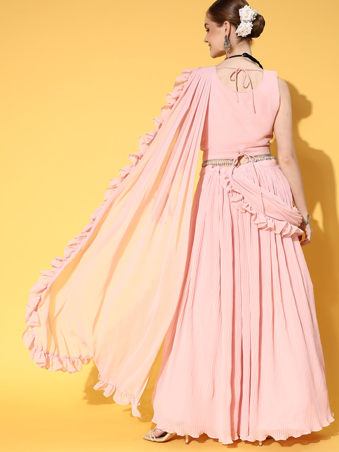 Pink Embellished Pleated belted Lehanga With Attached Dupatta