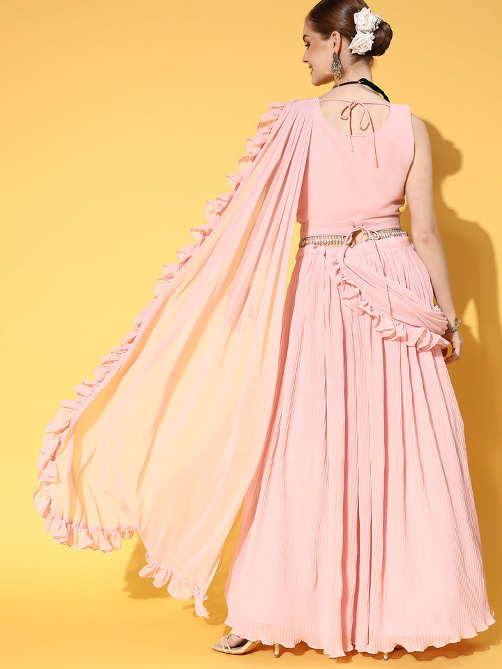 Pink Embellished Pleated belted Lehanga With Attached Dupatta