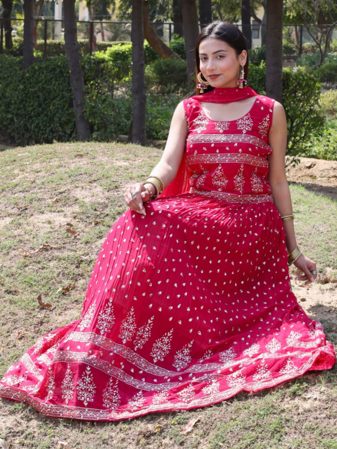Magenta Gold Print Ethnic Motifs Long Flared Georgette Gown &Dupatta