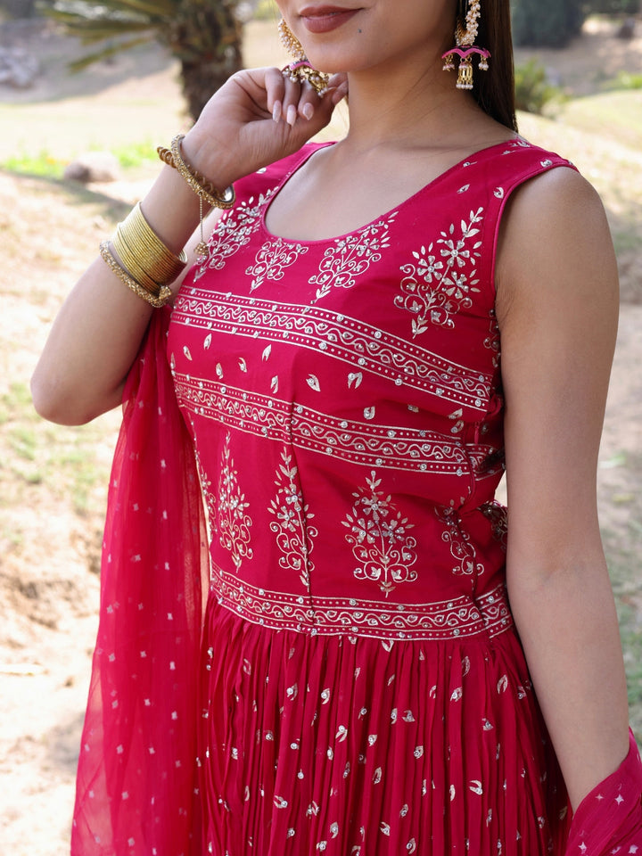 Magenta Gold Print Ethnic Motifs Long Flared Georgette Gown &Dupatta