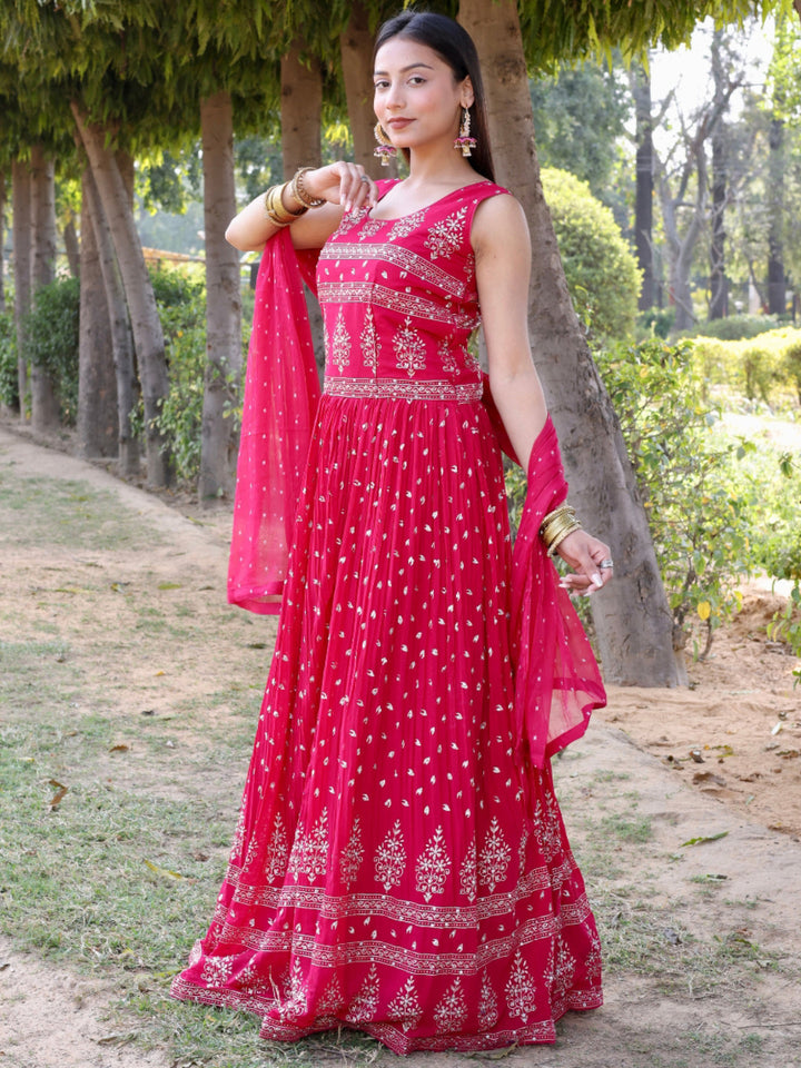 Magenta Gold Print Ethnic Motifs Long Flared Georgette Gown &Dupatta