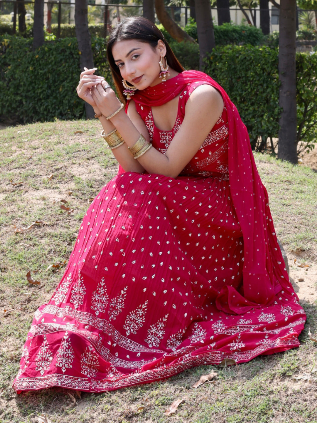 Magenta Gold Print Ethnic Motifs Long Flared Georgette Gown &Dupatta