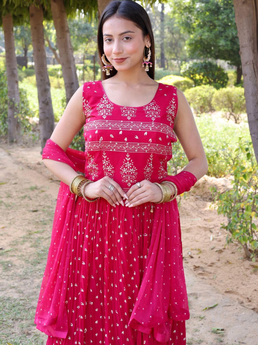 Magenta Gold Print Ethnic Motifs Long Flared Georgette Gown &Dupatta