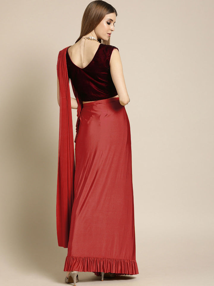Red Ruffled Pre-Draped Lycra Saree with Frills and Velvet Crystal Embellished Blouse