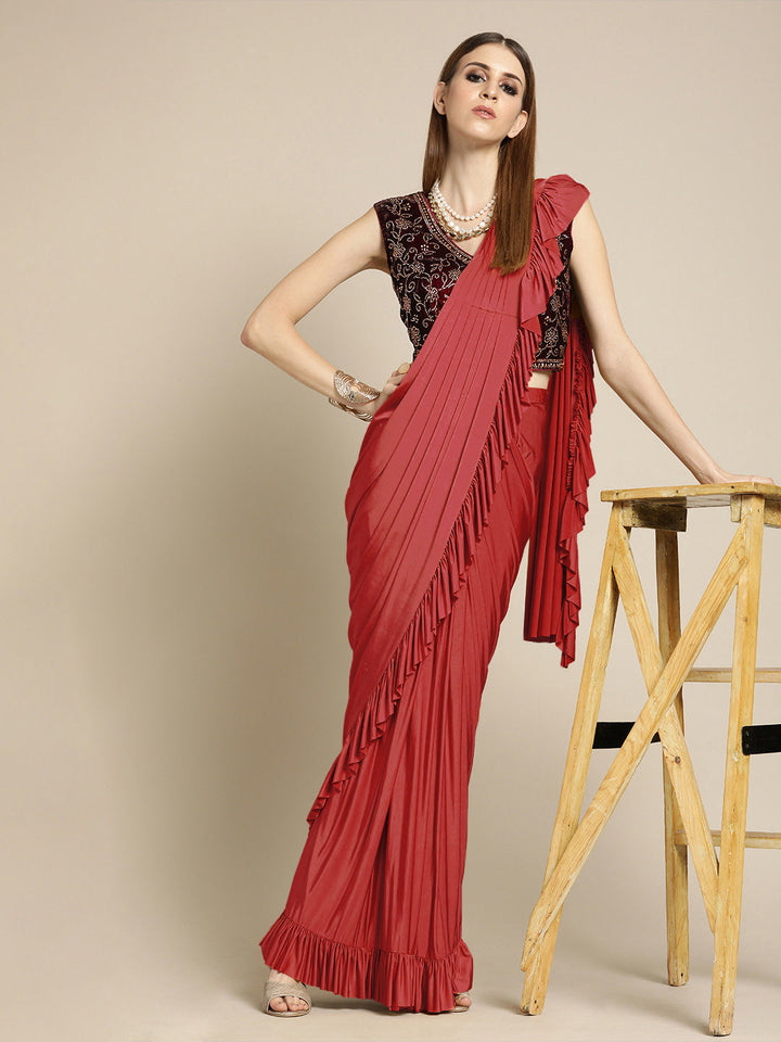 Red Ruffled Pre-Draped Lycra Saree with Frills and Velvet Crystal Embellished Blouse