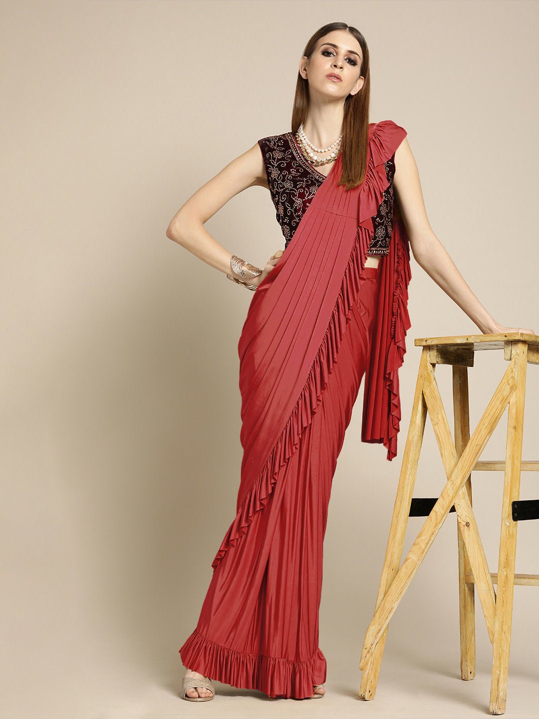 Red Ruffle Lycra Saree with Frills & Velvet Crystal Embellished Blouse