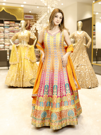Banarasi Silk Meenakari Zari Woven Ombre Anarkali Gown with Dupatta in Multicolor & Orange