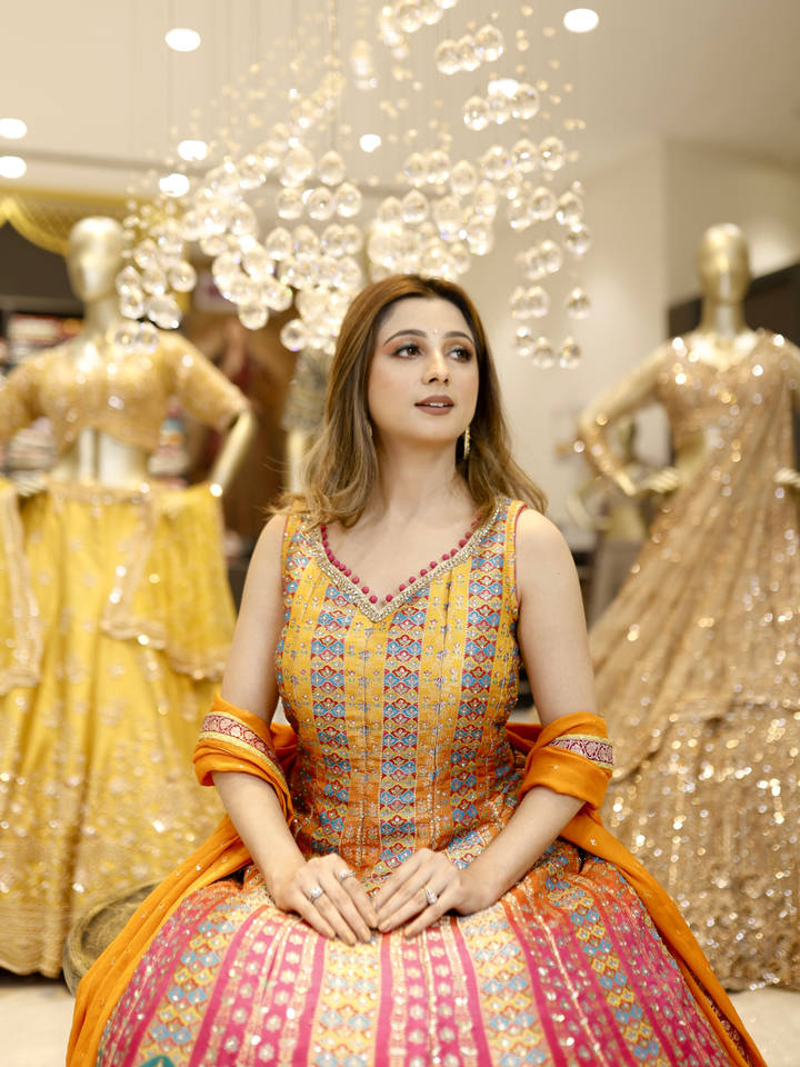 Banarasi Silk Meenakari Zari Woven Ombre Anarkali Gown with Dupatta in Multicolor & Orange