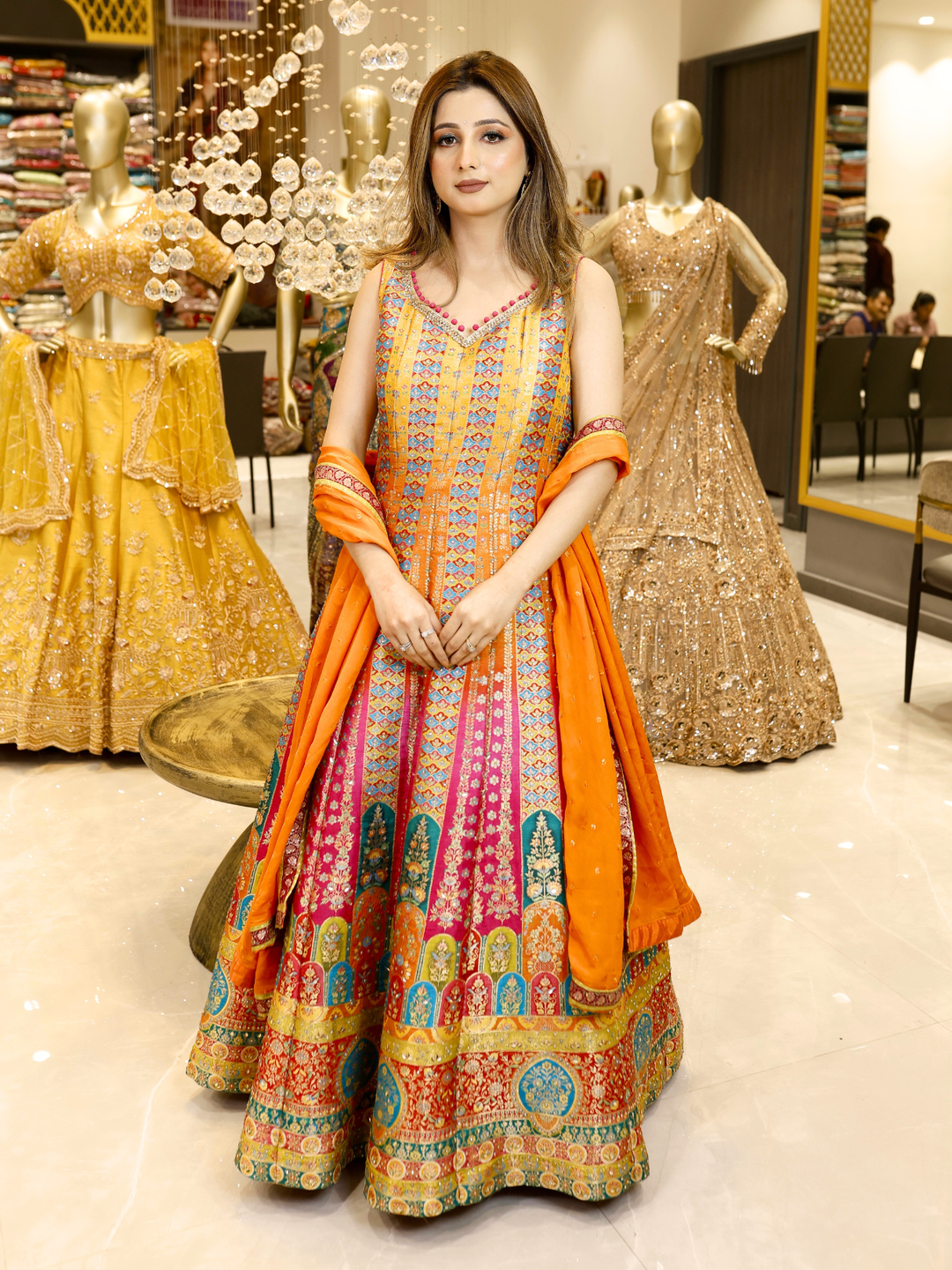 Banarasi Silk Meenakari Zari Woven Ombre Anarkali Gown with Dupatta in Multicolor & Orange