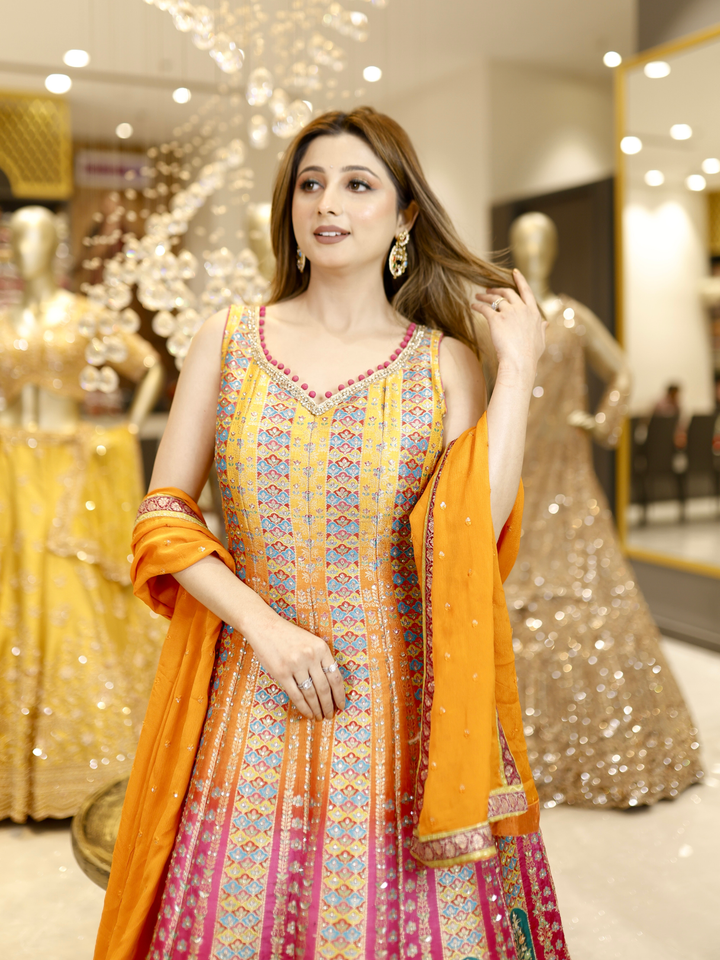 Banarasi Silk Meenakari Zari Woven Ombre Anarkali Gown with Dupatta in Multicolor & Orange