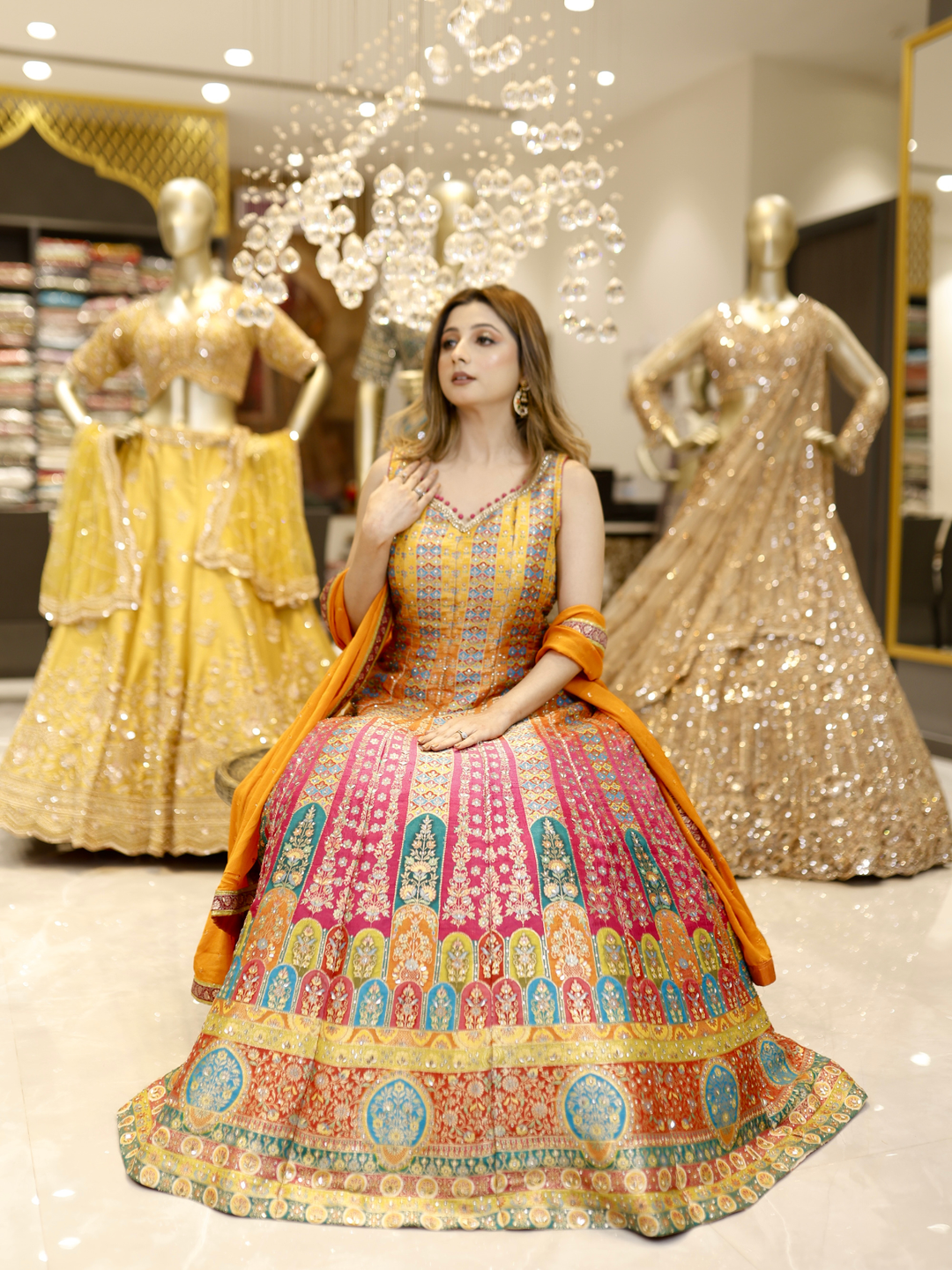Banarasi Silk Meenakari Zari Woven Ombre Anarkali Gown with Dupatta in Multicolor & Orange